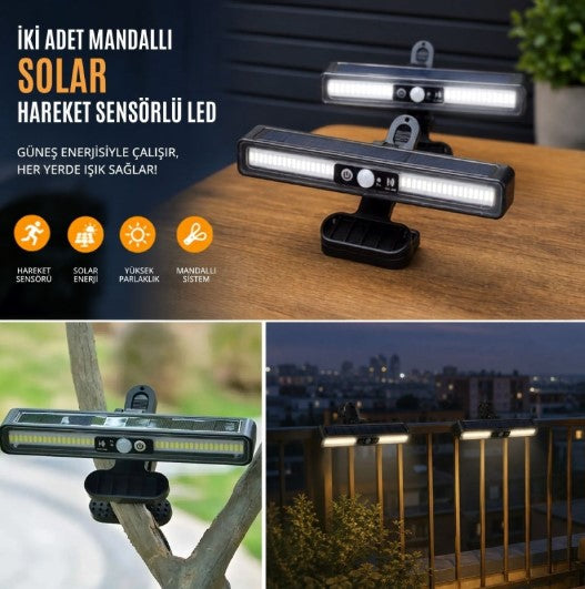 2'li Mandallı LED Solar Lamba - 36 LED - Hareket Sensörlü - 3 Modlu