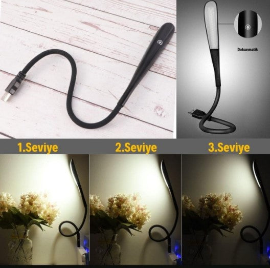 Kompakt USB Siyah 14 Ledli 3 Kademeli Dokunmatik Okuma Lambası