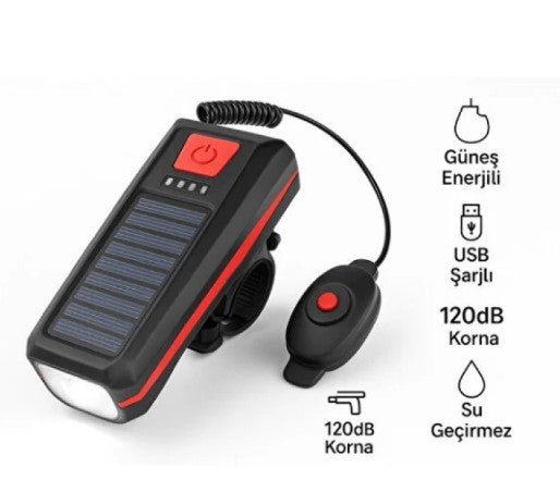 Güneş Enerjili Bisiklet Işıklı Korna